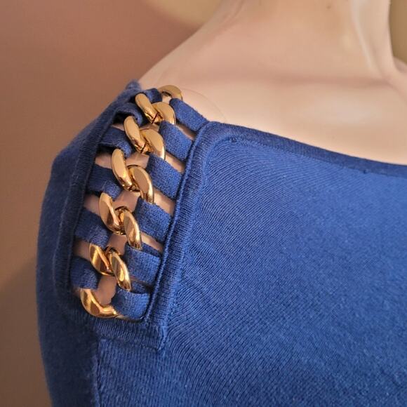 Michael Michael Kors Blue Oversized Sweater Medium Gold Chain Shoulder Logo Knit - Picture 3 of 12